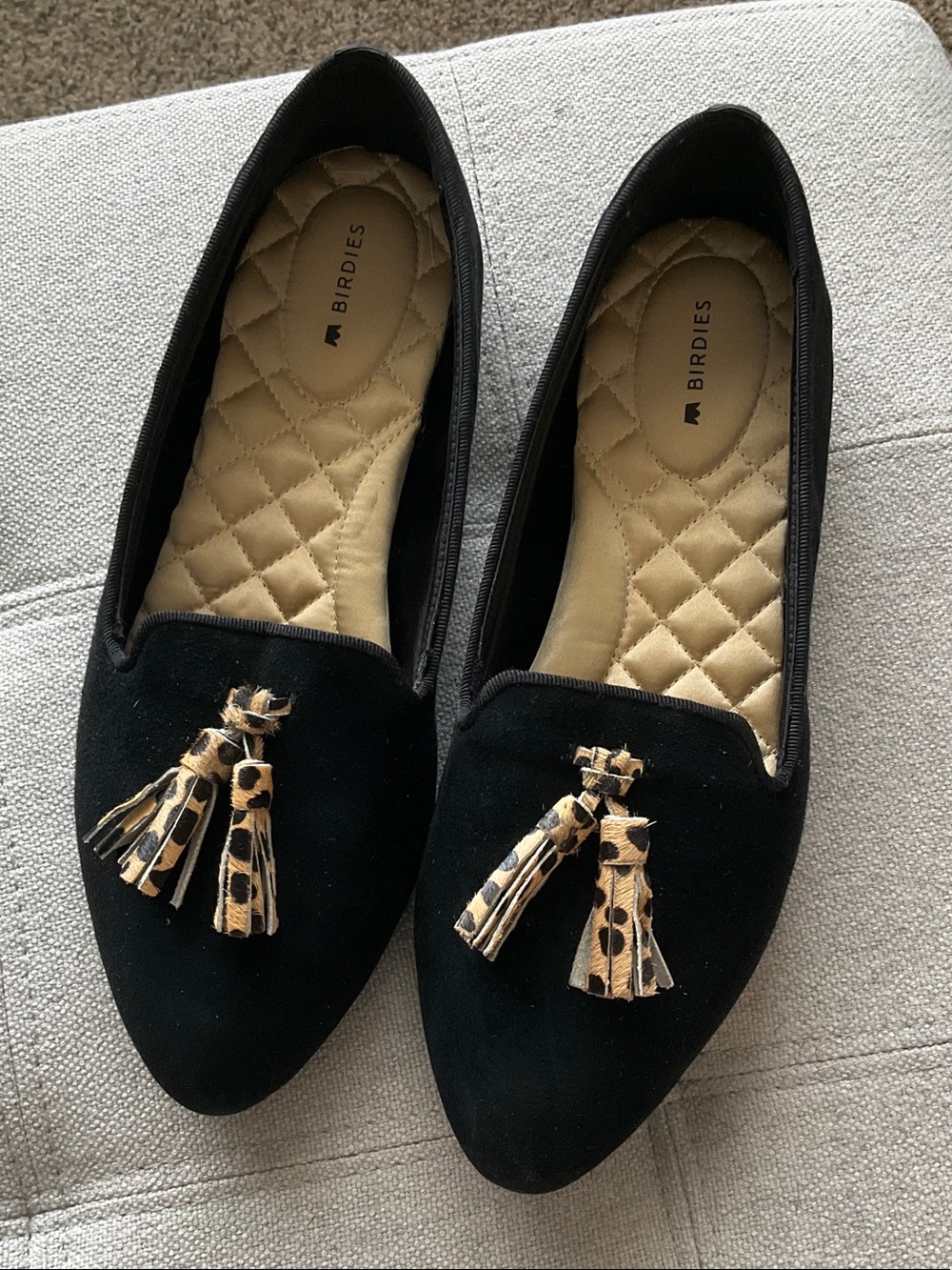 Birdies Black Suede Tassel Loafers with Leopard Tassels Size 8